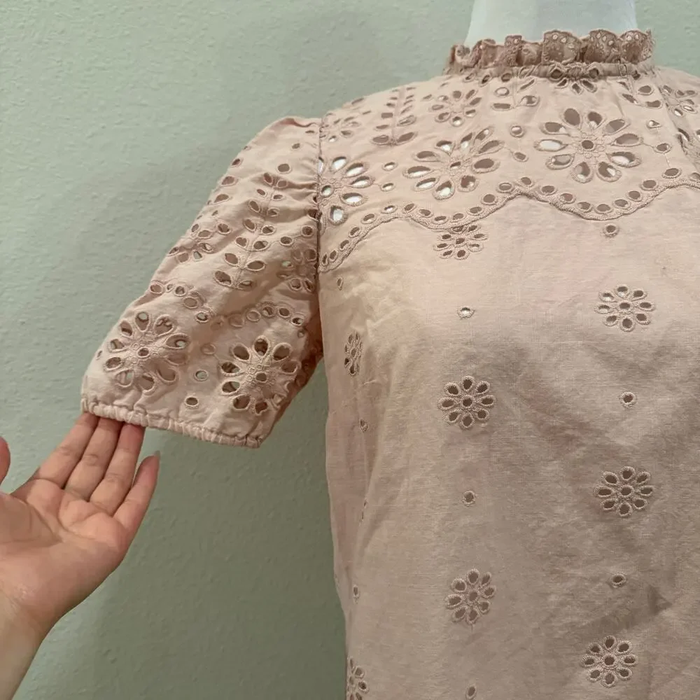 Boden Pink Altheda Broderie Top Embroidered Eyelet Cotton Puff Sleeve Cottage 6
